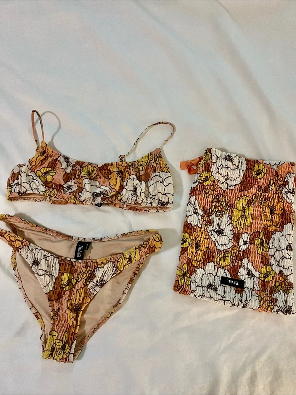 triangl swimwear Floral Smocked Bikini Bottoms in Yellow, Brown & Cream
